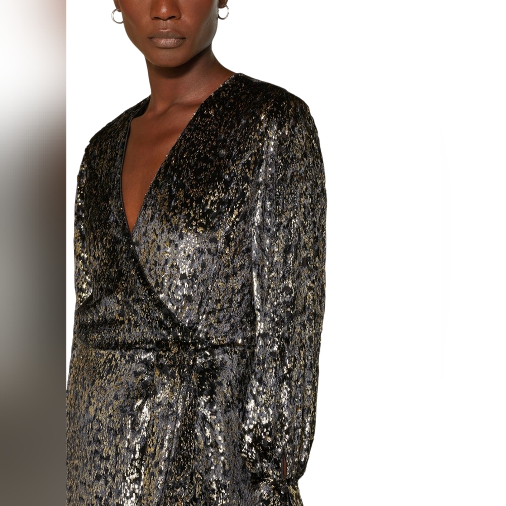 NWT $595 Simkhai Camryn Metallic Faux Wrap Mini Dress Black Gold Sz 10 Party - Picture 2 of 15